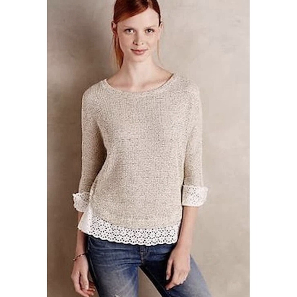 Anthropologie Saturday Sunday Nolina Eyelet Trim Blouse Top Knit Beige Women's S